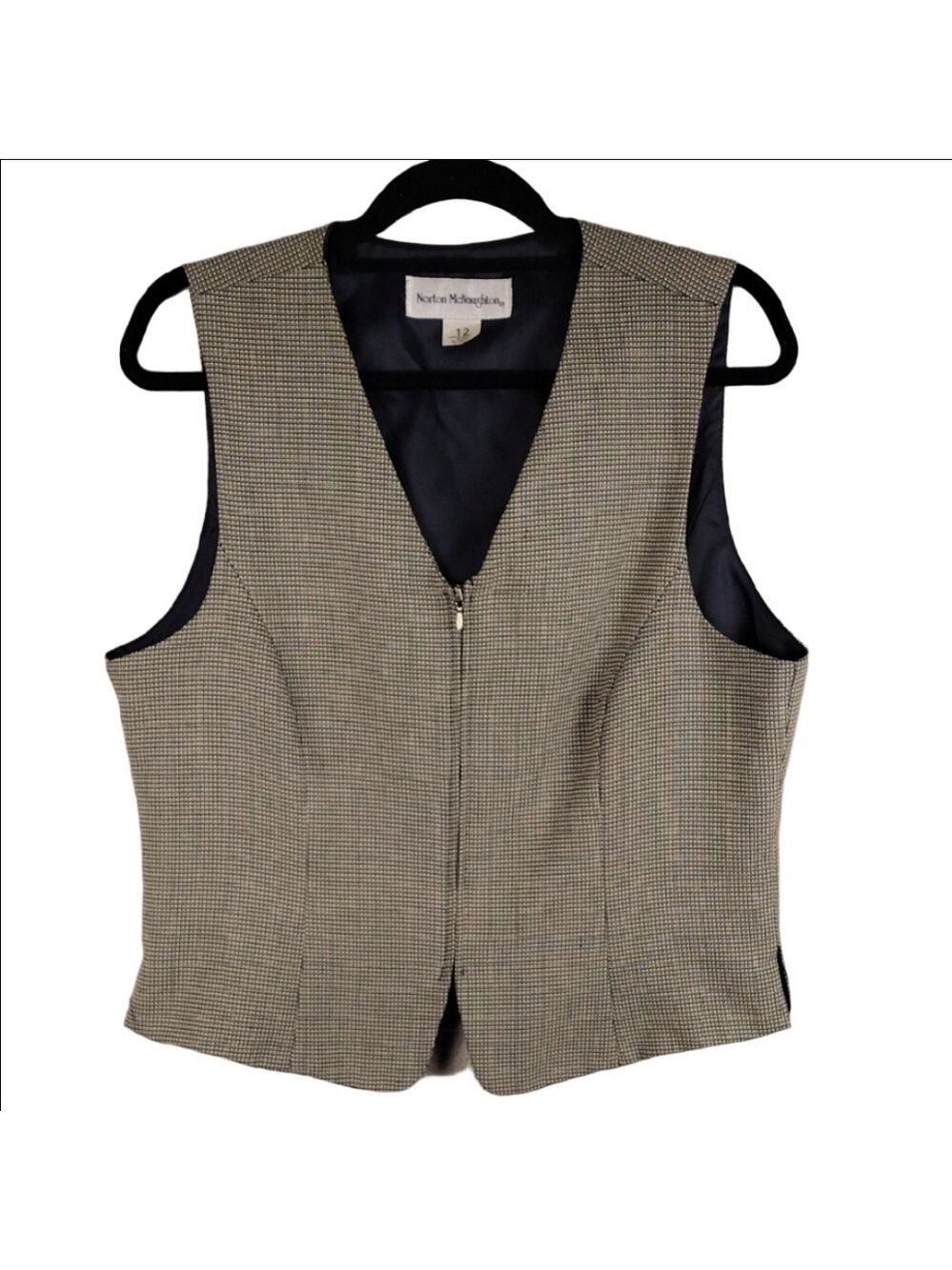 Norton McNaughton Black Geometric Pattern V-Neck Sleeveless Zipper Front Vest